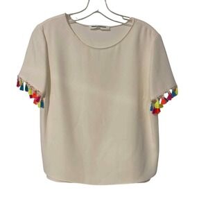 Amanda Uprichard‎ short sleeve top with multi colored fringe on sleeves size sm